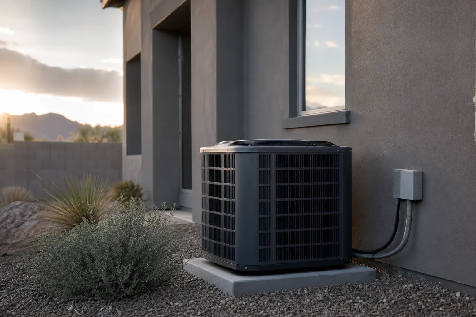Residential outdoor HVAC condenser beside a Southern Nevada home