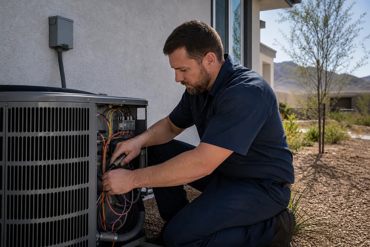HVAC technician servicing an outdoor condenser at a Southern Nevada home